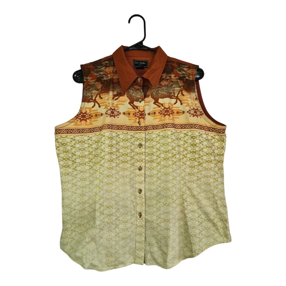 Bits & Bridle Horse Print Western Sleeveless Button Front Shirt XL 100% Cotton